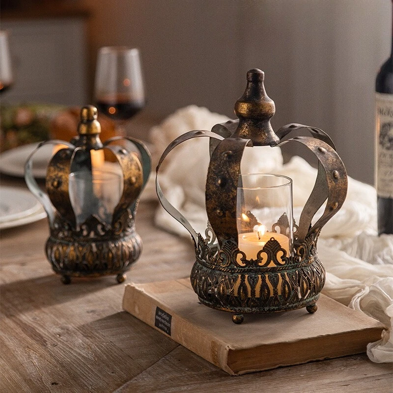 

Vintage Royal Crown Candle Holder | Medieval Metal Lantern Wedding Centerpiece Bronze Antique Candle Stand | Home Decor