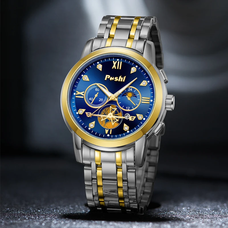 POSHI 969 Stainless Steel Quartz Watch Fashion Luxury Men Watches Date Display Business Casual Original Wristwatch With Box