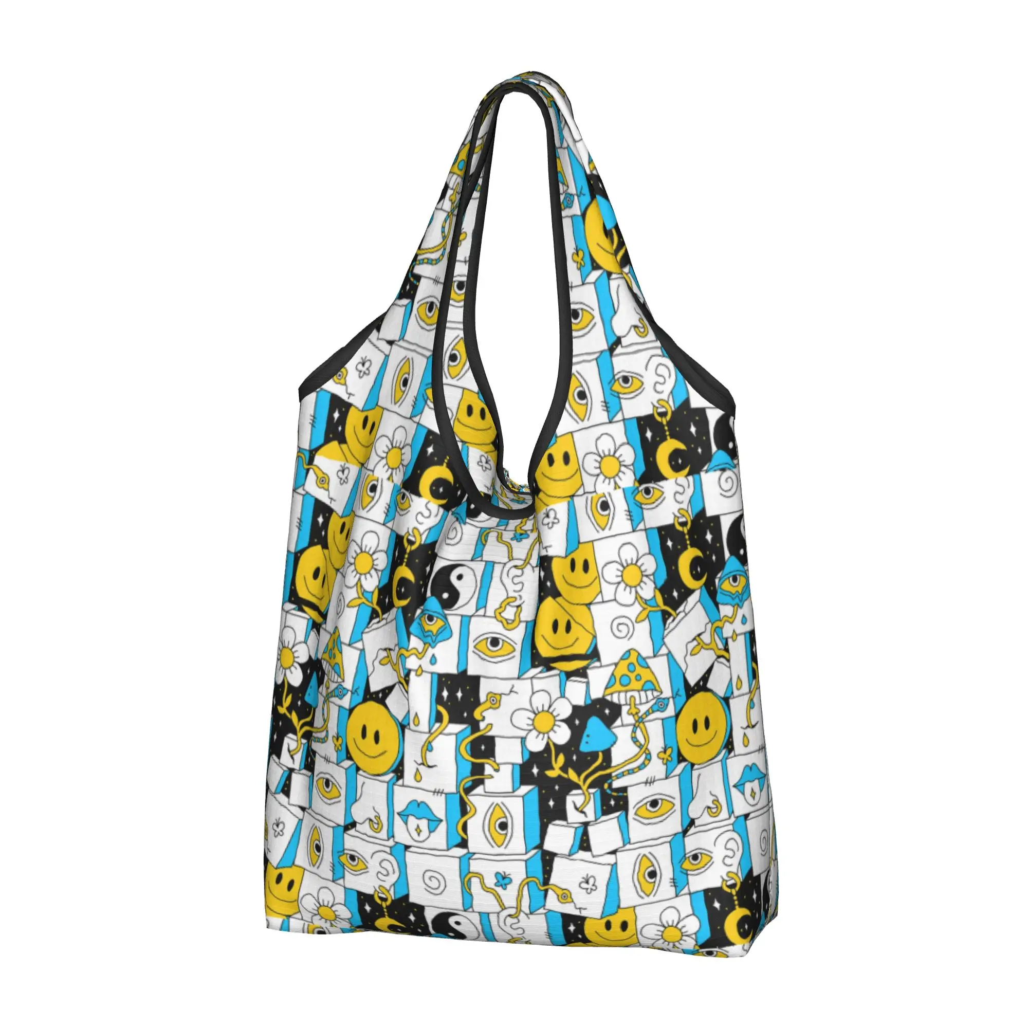 Recycling Crazy Trippy psychedelic Geometry Mushroom Shopping Bag Women Tote Bag Portable  Grocery Shopper Bags