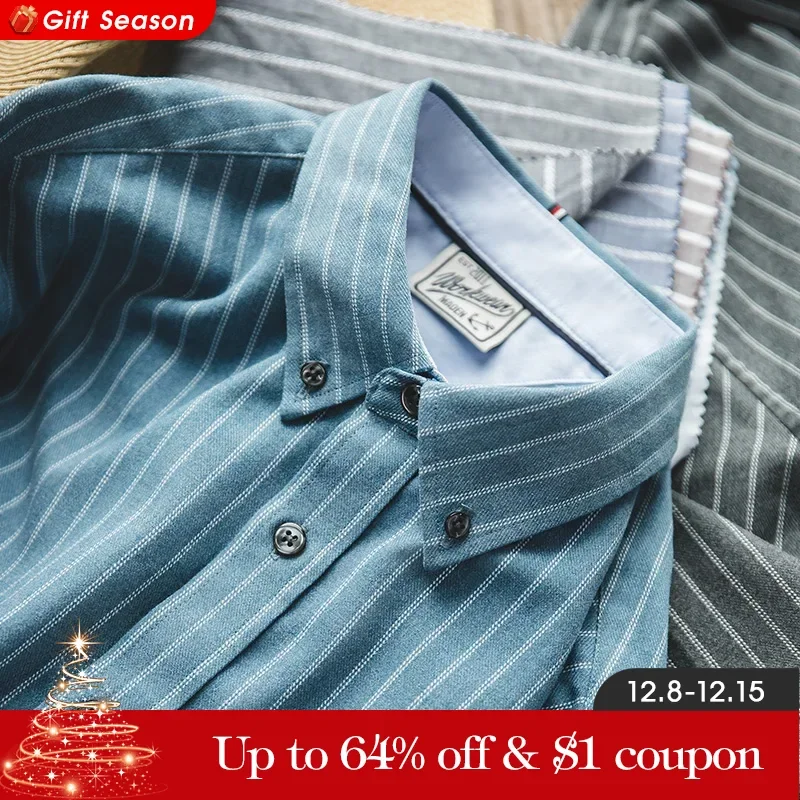 Maden Workwear American Retro Brushed Blue Vertical Stripe Shirt Business Casual Long Sleeve Non iron Shirt Men\'s Tops Autumn