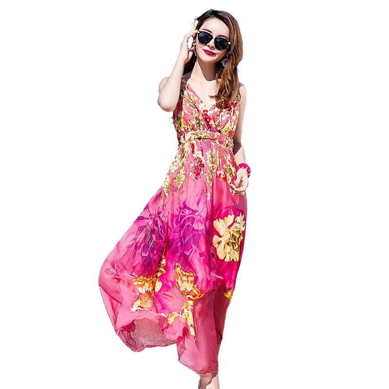 

New Shell 100%Silk Dress Women V-neck strap Backless Mulberry Silk Large Swing Maxi Dress Bohemian Deach Skirt Lady