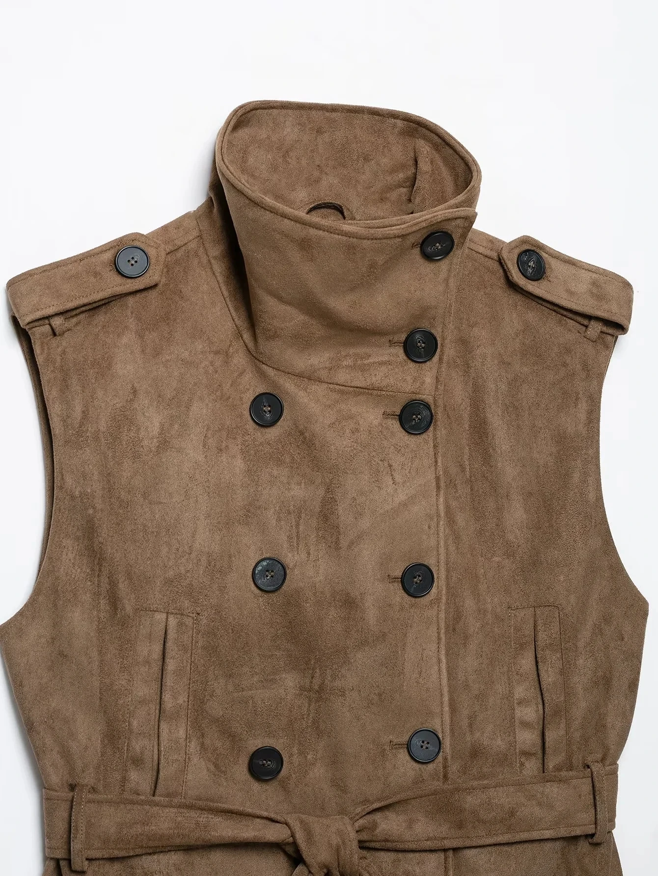KONDALA Vintage Casual Chic Damen Wildlederweste Khaki Stehkragen Ärmellos Doppelreihig mit Taschen und Gürtel Modische Weste 2026 – Detail 6