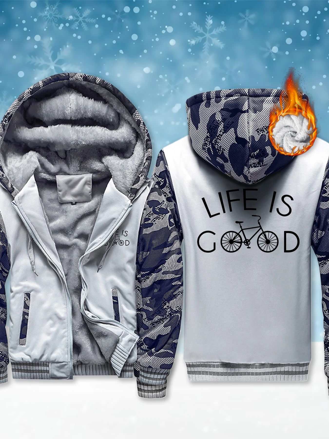 

Good Life Print Male Hooded Jackets Outdoor Coat Soft Fleece Streetwear Winter Fashion Zipper Pullover Casual Thick Jacket