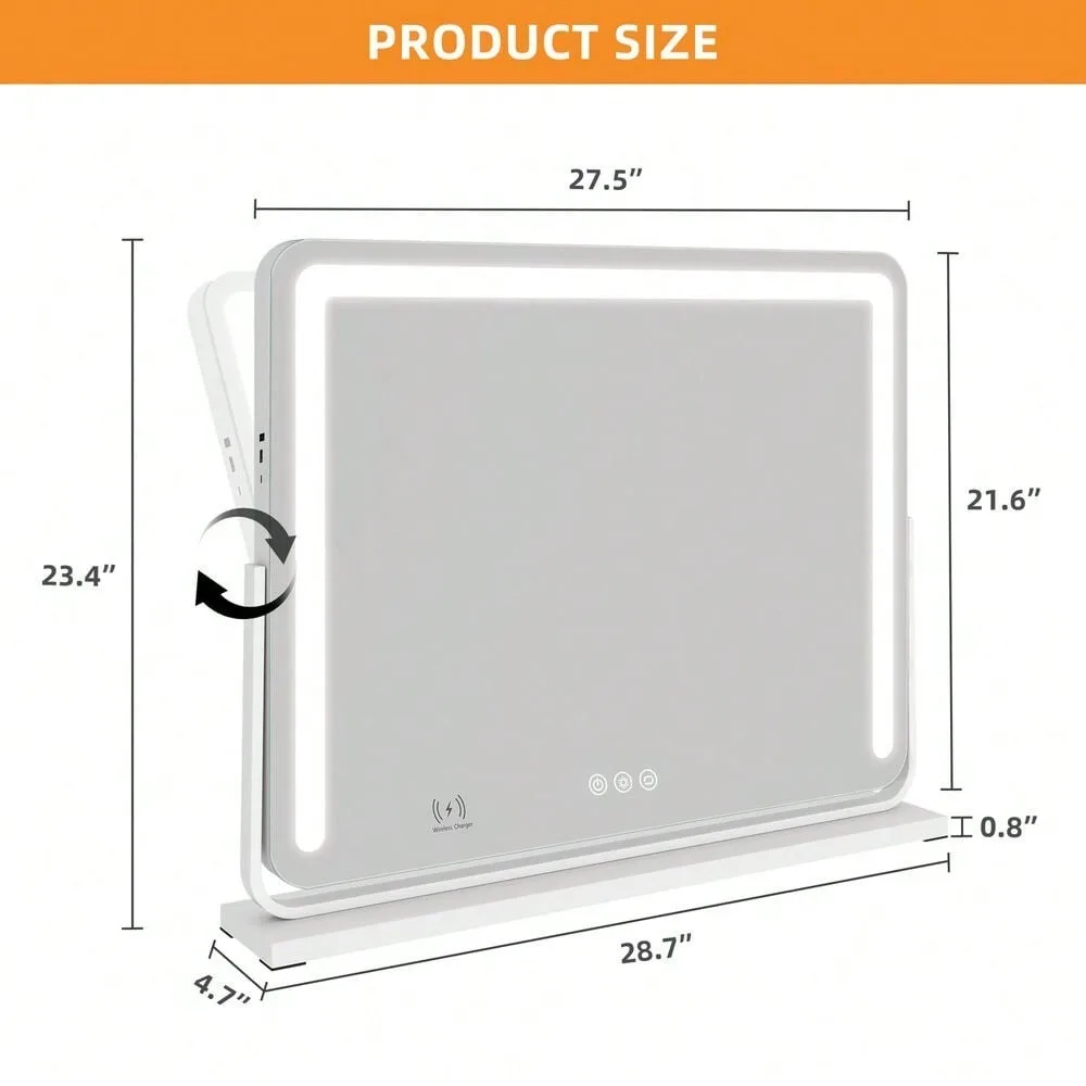 مرآة مكياج قابلة للدوران مقاس 28.7 بوصة مع شاحن لاسلكي ومكبر صوت بلوتوث
