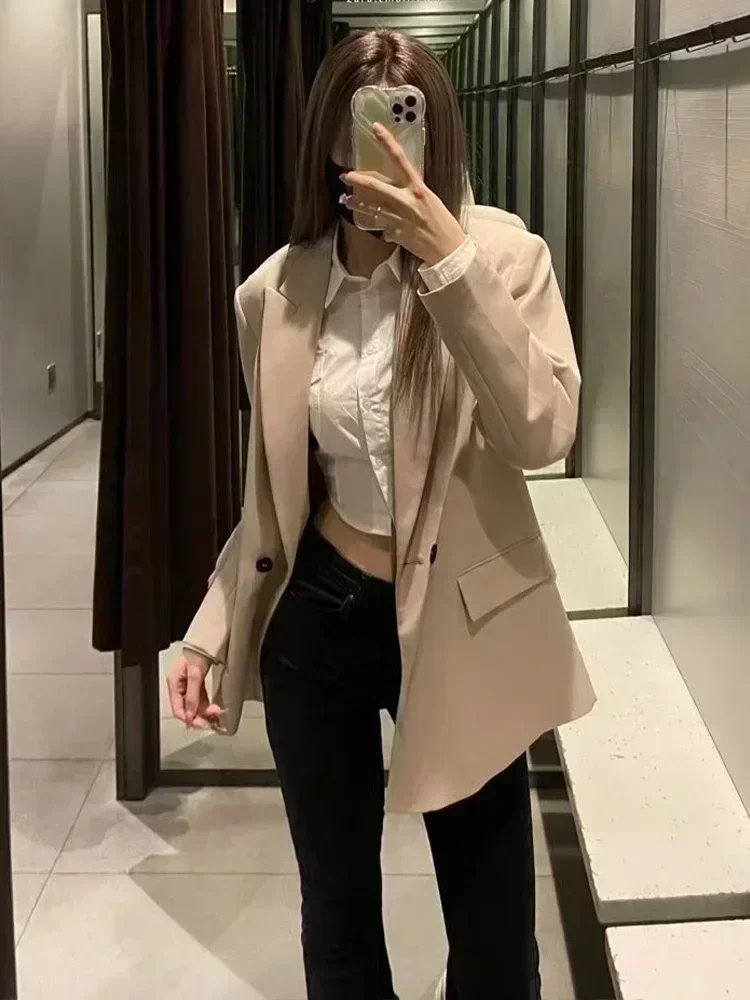 Women 2022 New Fashion Double Breasted Plus Size Blazer Coat Vintage Long Sleeve Pockets Female Outerwear Chic