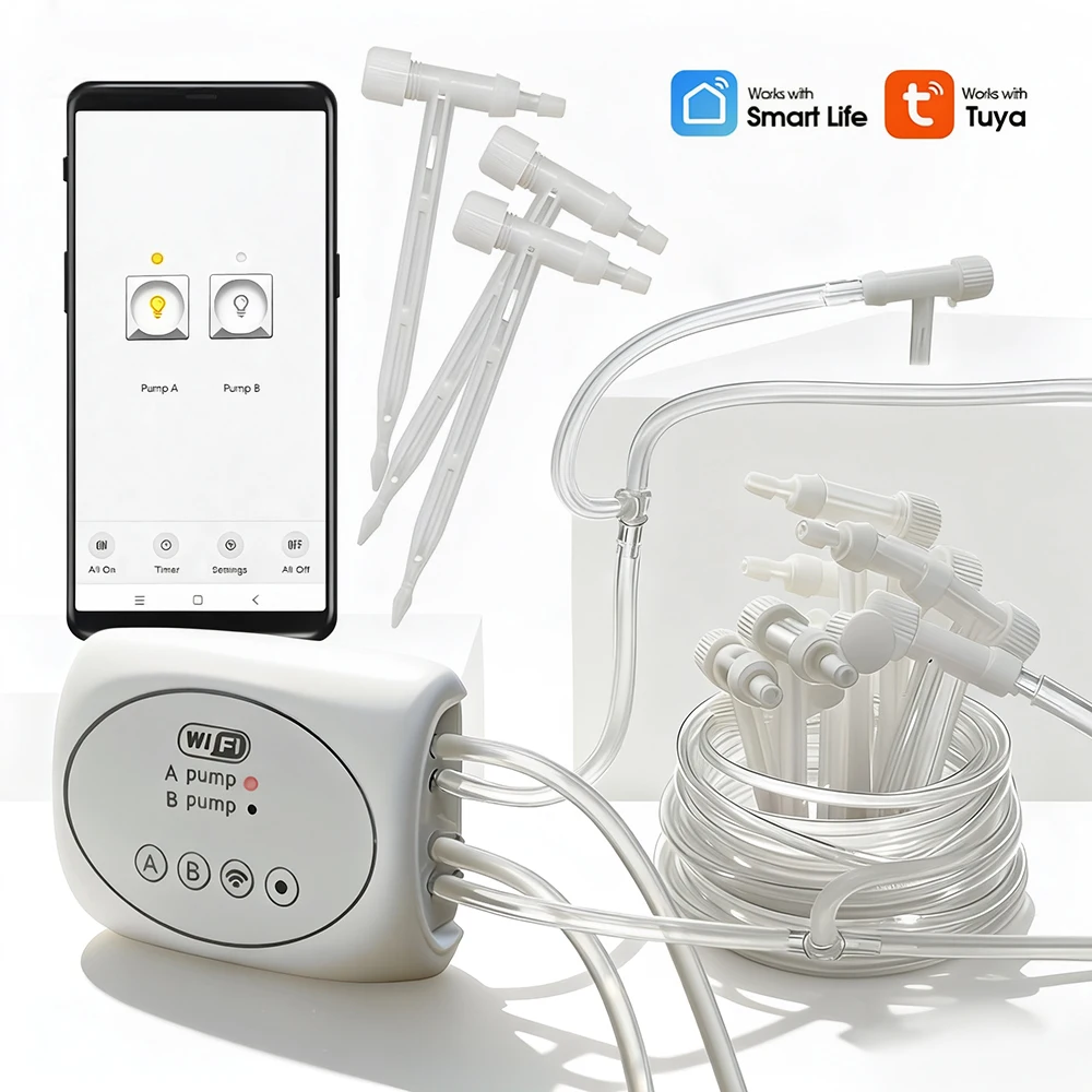 

Wi-Fi таймер с двумя розетками, насос, система капельного орошения для дома и сада, пульт дистанционного управления, регулируемый клапан, комплект для капельного полива стрел