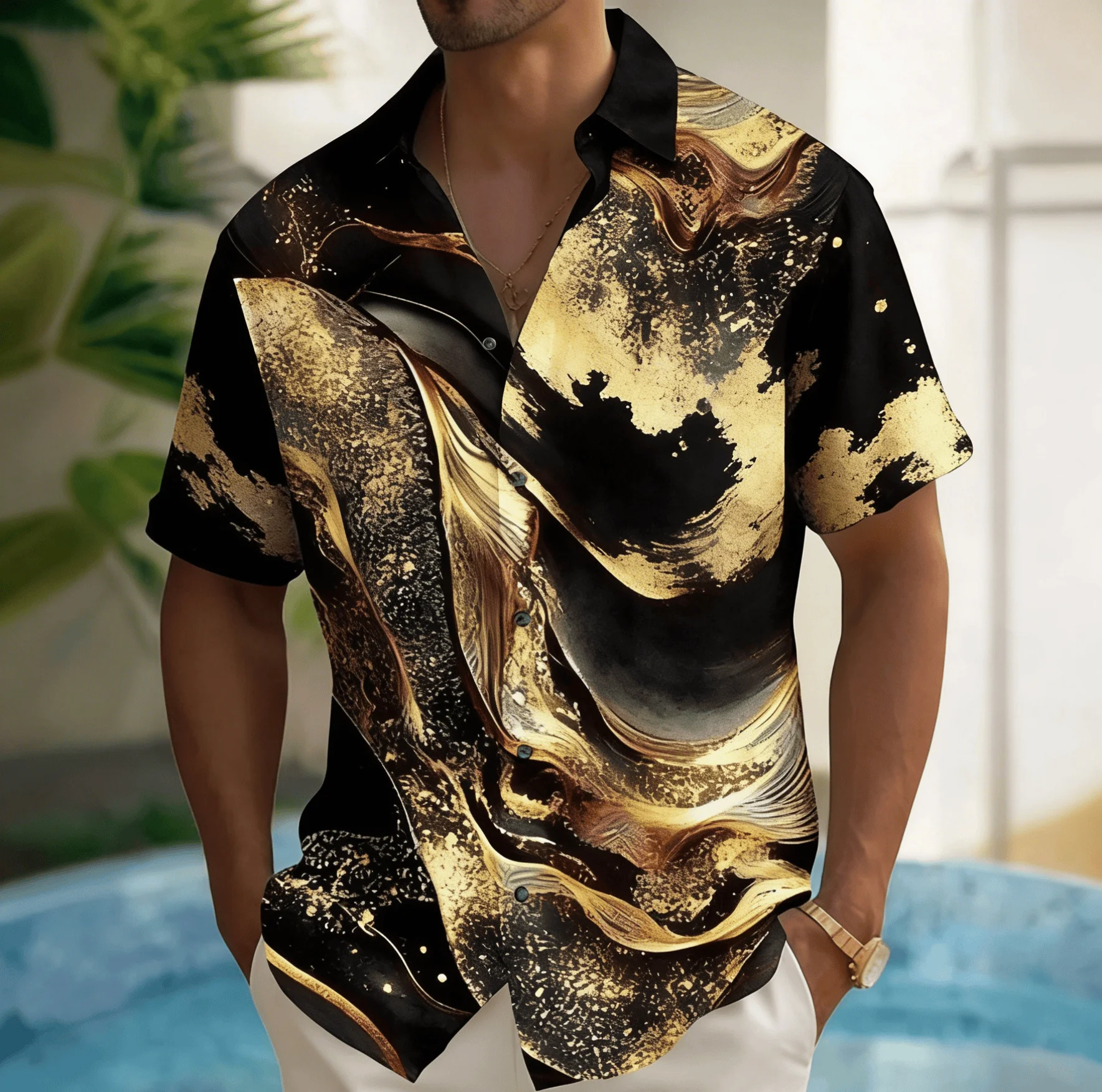 Men's Black Gold Gilded Fluid Texture Print Short Sleeve Shirt, Spring Summer Luxury Premium Blouse, Loose Casual Top
