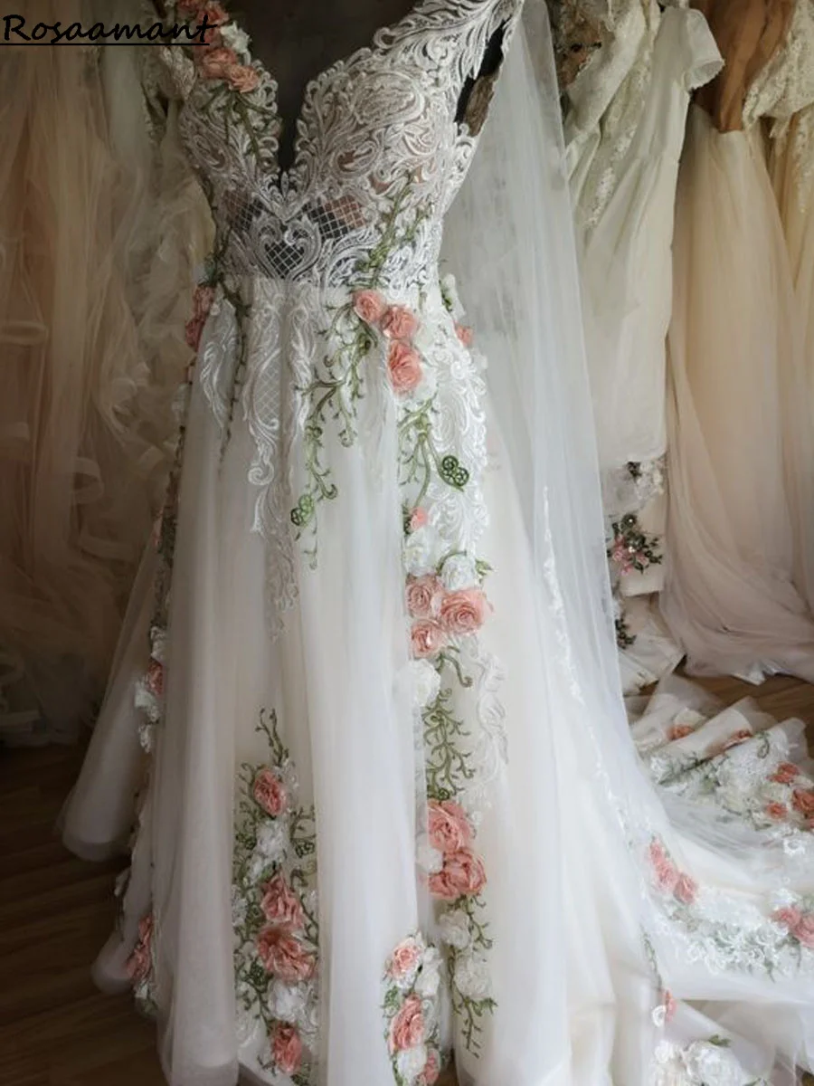 Luxury 3D Flowers Off The Shoulder A-Line Wedding Dresses Open Back Appliques Lace Ribbons Bridal Gowns Robe De Mariee