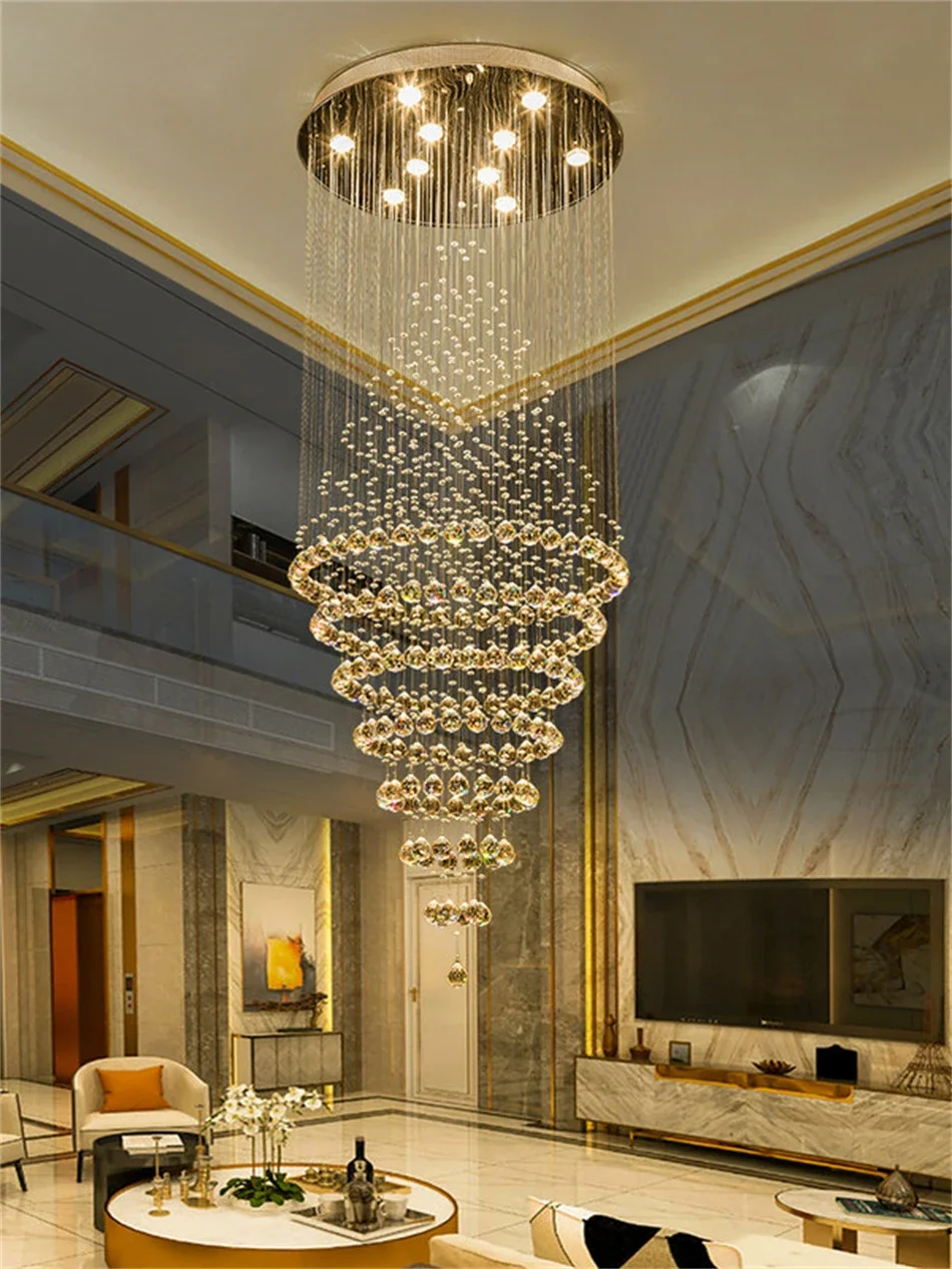 

Modern LED Crystal Long Pendant Chandelier Lamp Staircase Light Duplex Living Room Lobby Circular Ceiling Hight Hanging Lighting