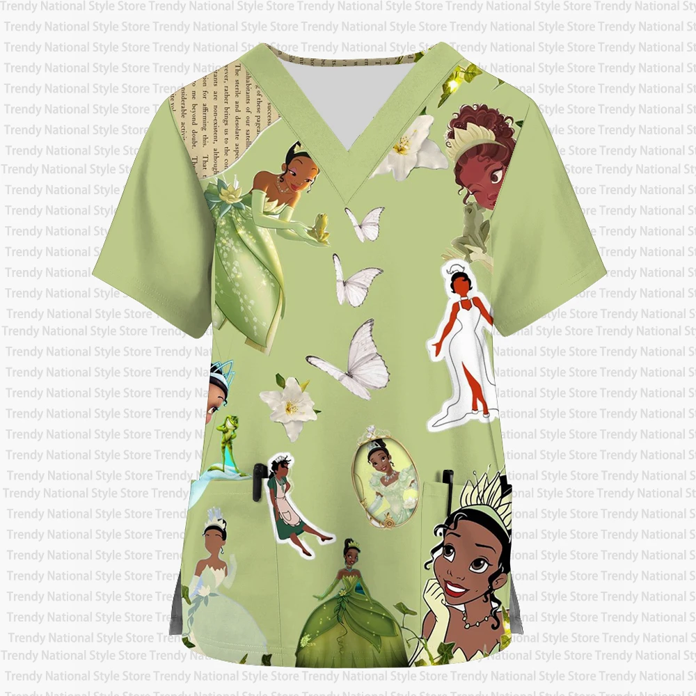 Damen 2026 Neues Disney Princess Tiana Cartoon Print V-Ausschnitt Tasche Frosted Top Medizinische Krankenschwester Arbeitsuniform Schönheitssalon T-Shirt