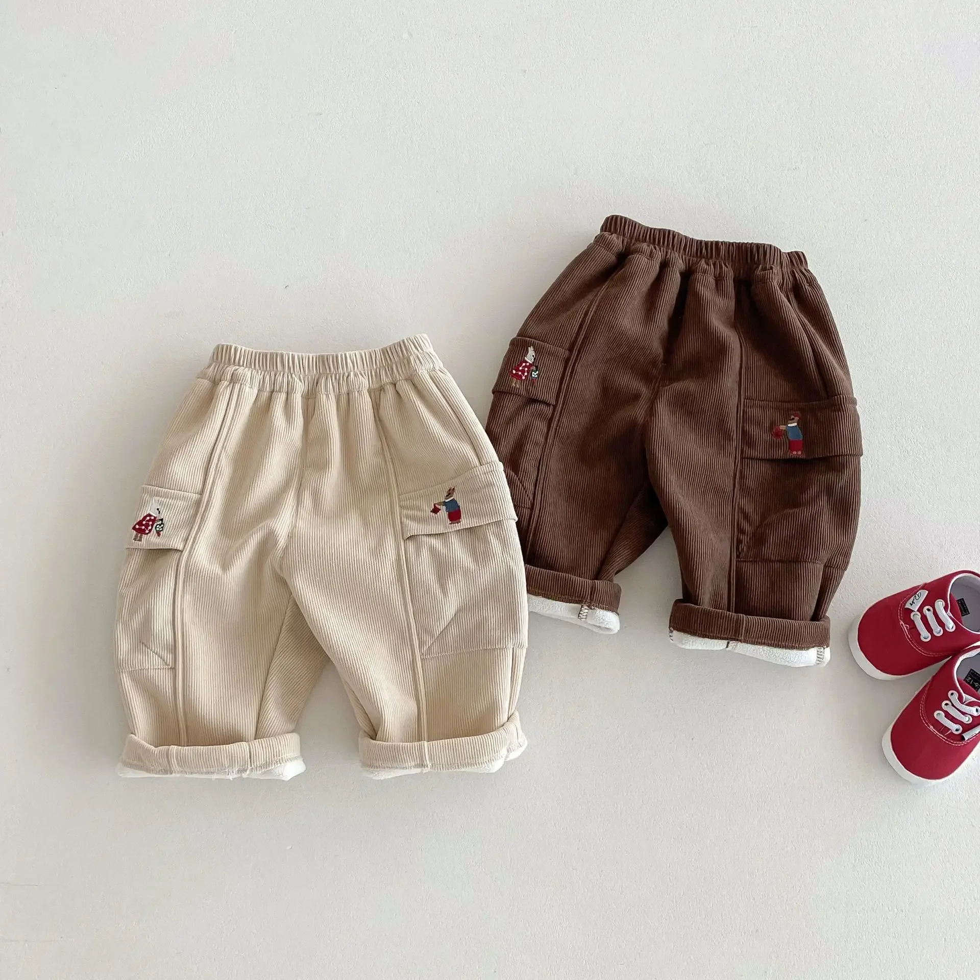 

Babyclothes Fleece Casual Pants 0-5 Years Old Autumn Winter Korean Style Boy Fashion Cartoon Pants Baby Simple Loose Pants