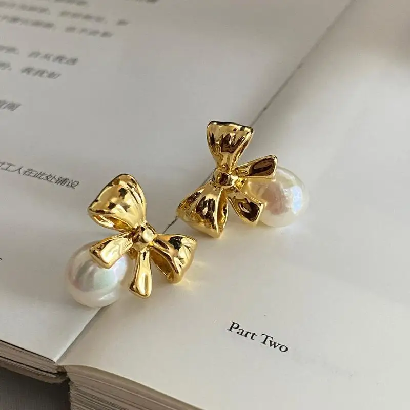 Elegant Gold-Plated Copper Silver Needle Hypoallergenic Bow Pearl Earrings for Women Girls Wholesale