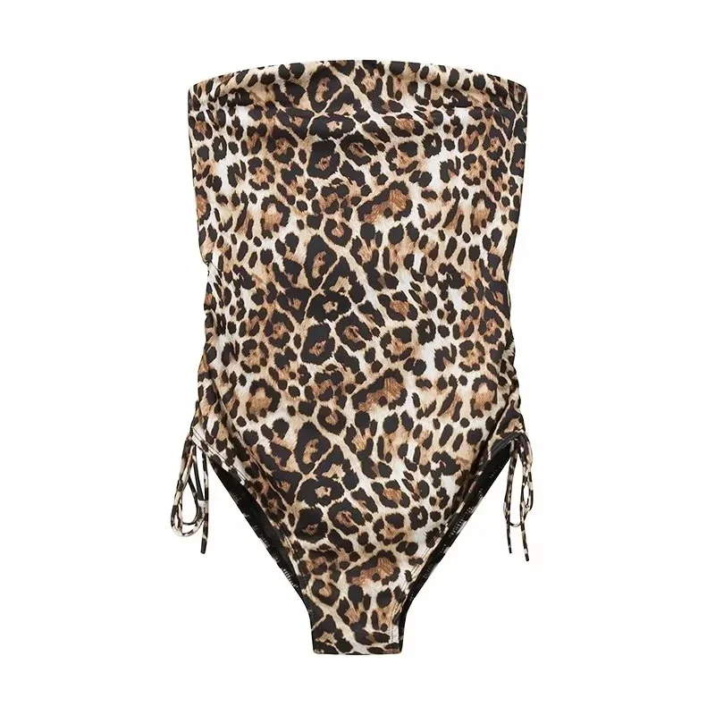 TRAF Leopard Corset Bodysuit Women Off Shoulder One Pieces Swimwear Summer Backless Sexy Lingerie Strapless Beach Thong Bodysuit