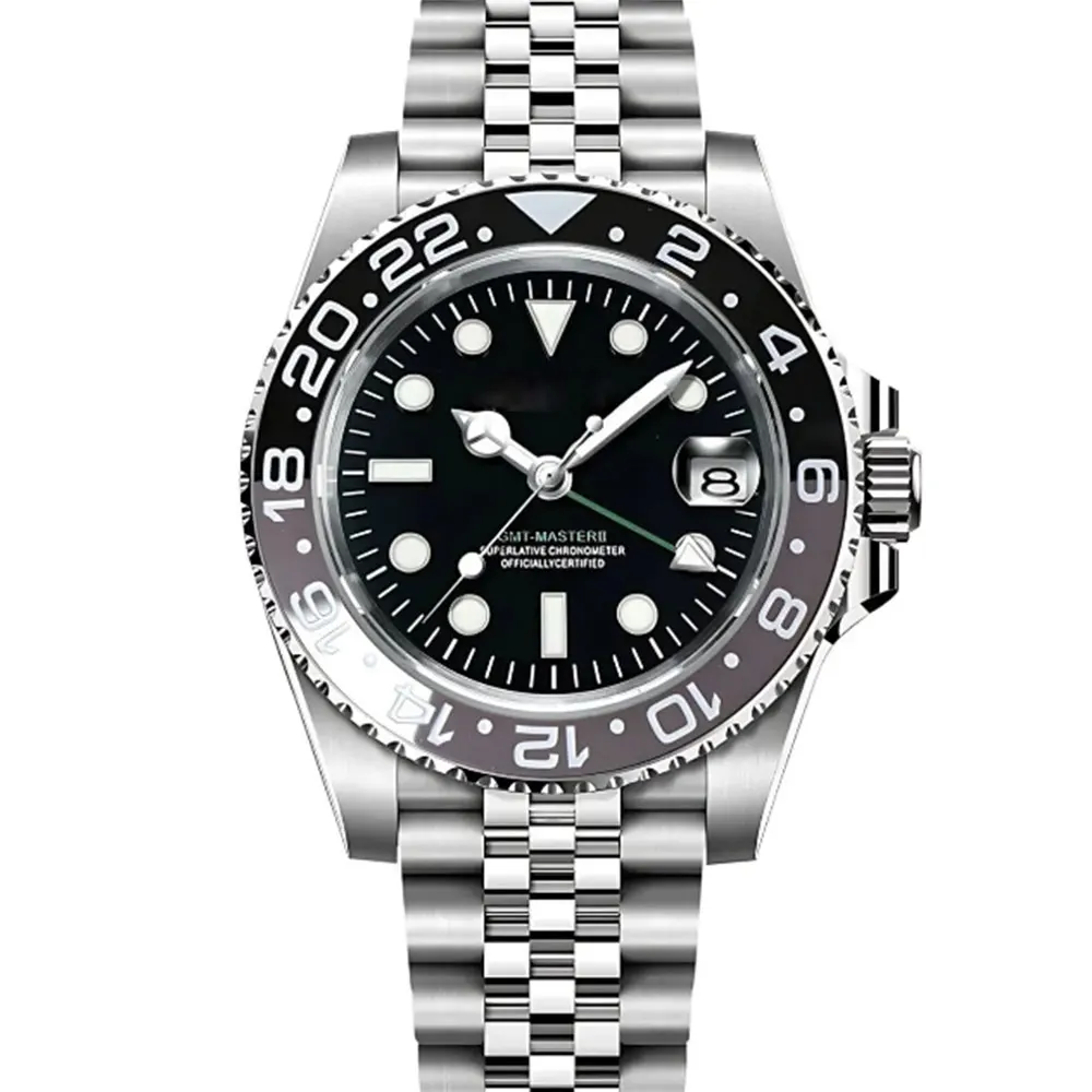 NH34 حركة GMT ساعة 40 مللي متر 316L الفولاذ المقاوم للصدأ الياقوت الزجاج مقاوم للماء الحال C3 الأخضر مضيئة ساعة مزدوجة الملحقات