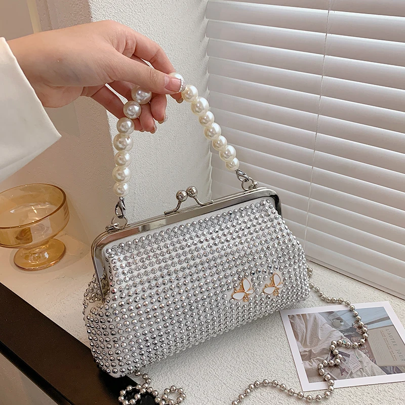 New Women's Boho Embroidered Shoulder Bag Metal Handle Purse with Adjustable Chain Strap Vintage Crossbody Clutch Handbag wallet