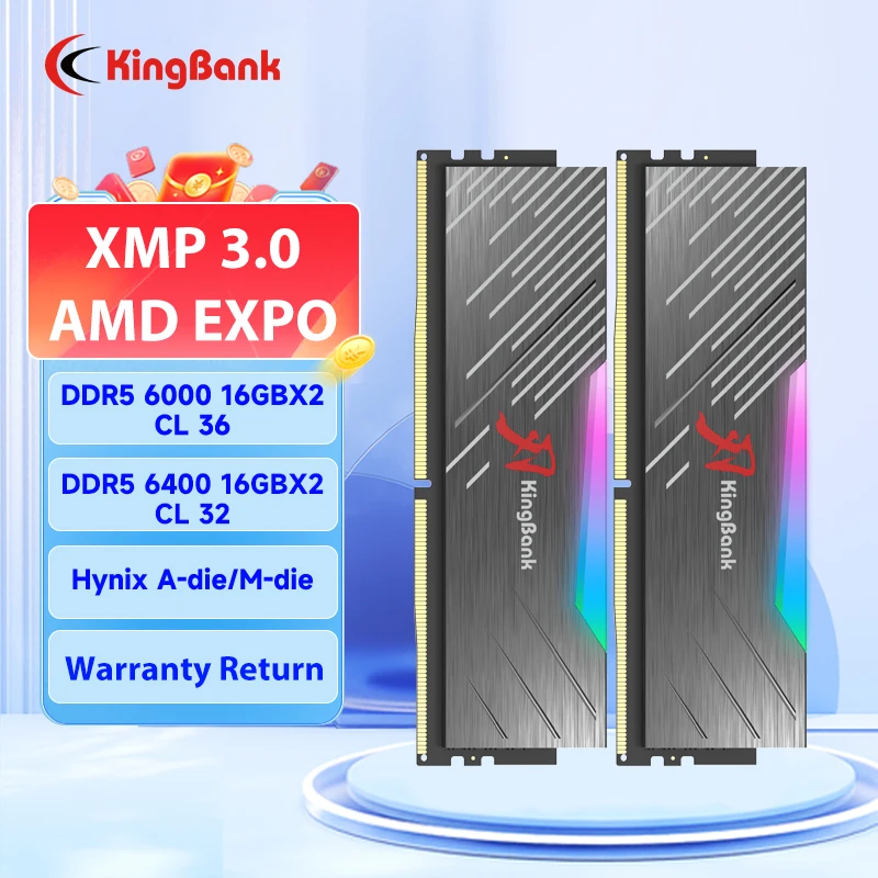 KingBank brand series DDR5 RGB RAM Memory DDR5 RAM PC 16GB 32GB 16gbx2 6000MHz 6400 MHz RAM for Desktop Black Hynix Chip