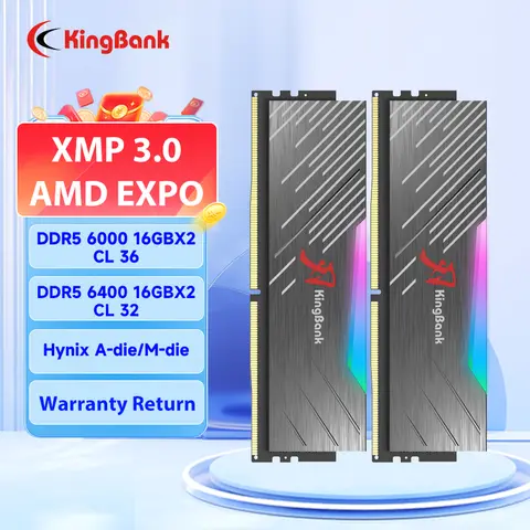 KingBank 브랜드 시리즈 DDR5 RGB RAM 메모리, 데스크탑 블랙 하이닉스 칩용 PC, 16GB, 32GB, 16 gbx2, 6000MHz, 6400 MHz RAM
