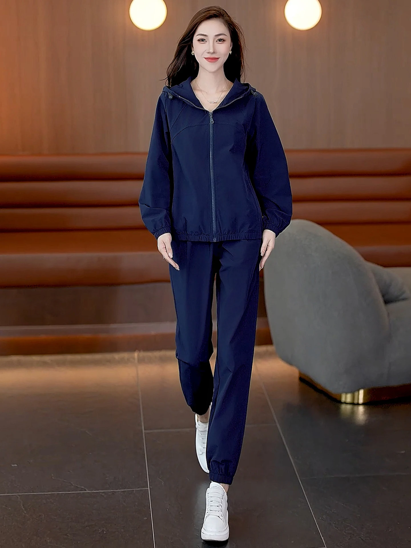 Conjunto informal de Fitn largo con capucha para mujer, conjunto de dos piezas con cierre de cremallera, para viajes al aire libre, ejercicio, otoño