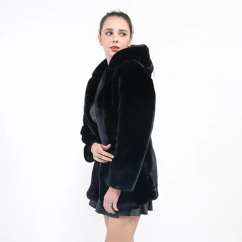 New Korean Style Waisted Black Imitation Fur Mink Fur Coat Rex Rabbit Fur Coat Coat Mid-length Women's Clothing