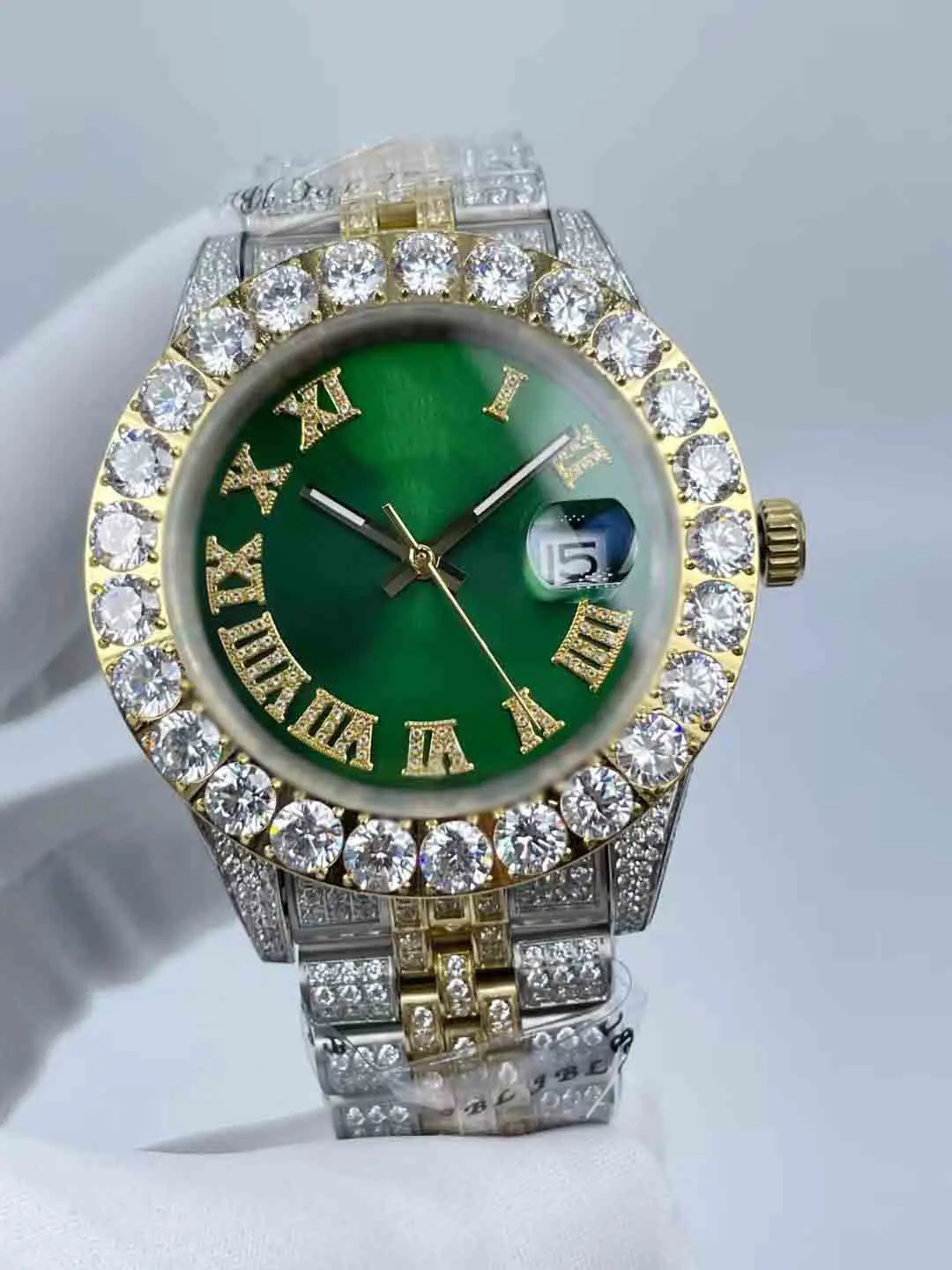 Men's Diamond Watch - Full Diamond Roman Face, Waterproof Calendar Window, Precision Steel Strap