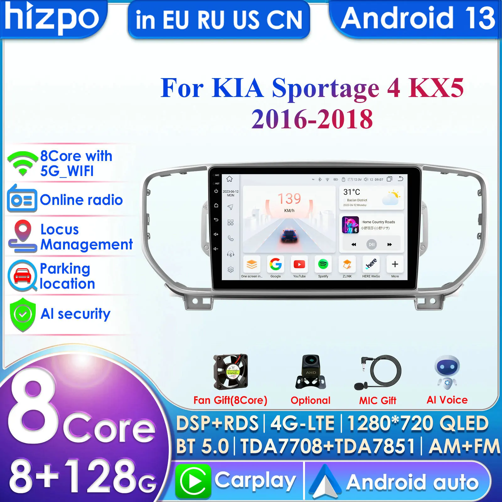 Hizpo 4G 9'' AI Intelligent Systems Wireless CarPlay Android Auto Radio for Kia Sportage 4 2016 2017 2018 KX5 Car Multimedia GPS