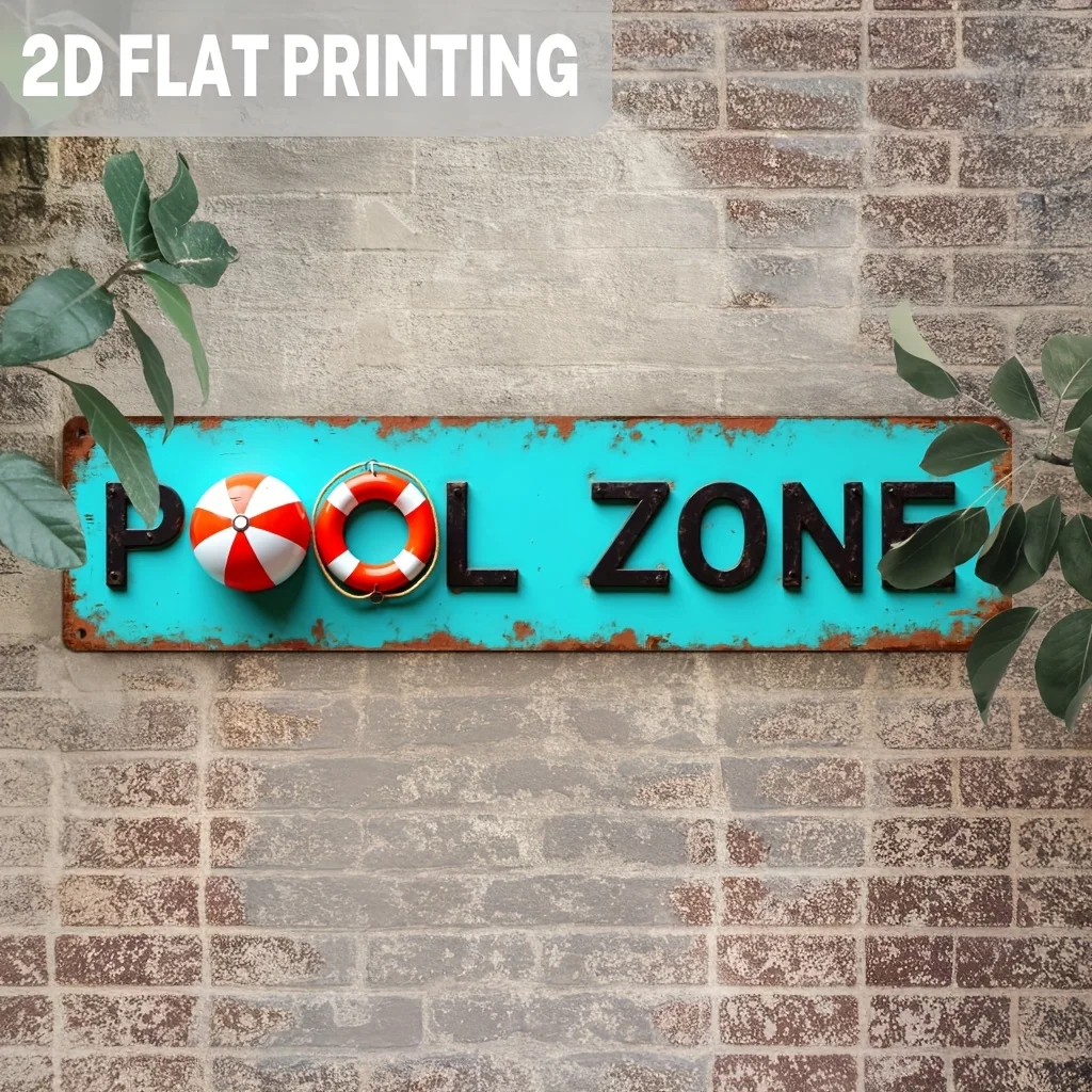 2D Flat - 2D Retro Pool Area Metal Wall Sign - Turquoise with Red Lifebuoy Design - Large 3.93X15.74 Inches Beach House Decor,