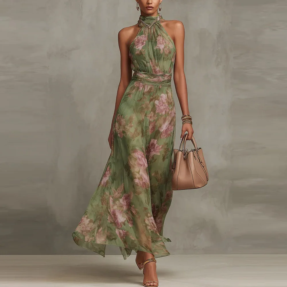 Damen Frühling Blumendruck Chiffon Langes Kleid Boho Ärmellos Sommer Strandkleid Elegantes Neckholder Off-Shoulder Ausgeschnittenes Partykleid