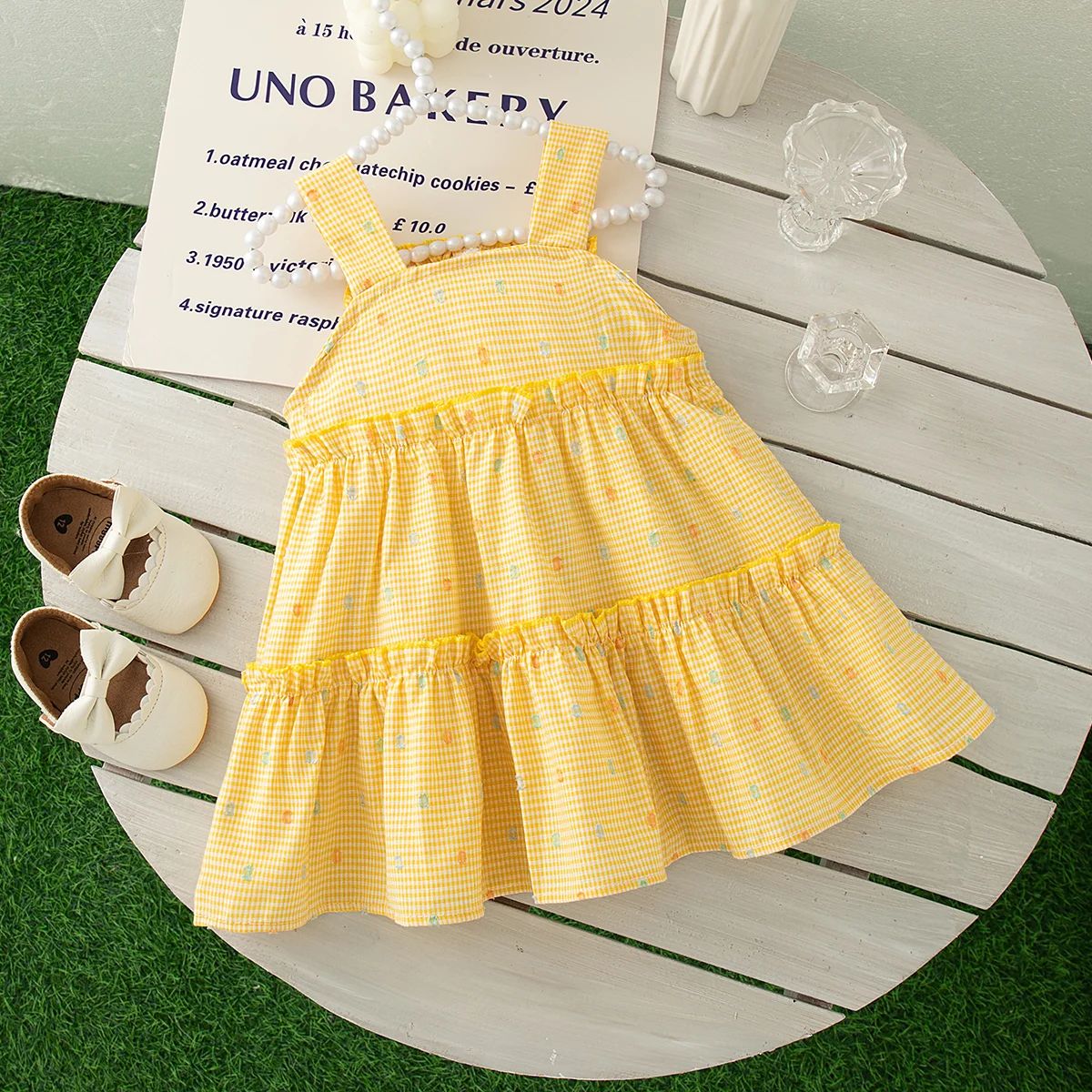 Summer Beach Casual Dresses for Baby Girls Colorful Embroidered Bow Yellow Checker Suspender Dress Korean Style Children Clothes