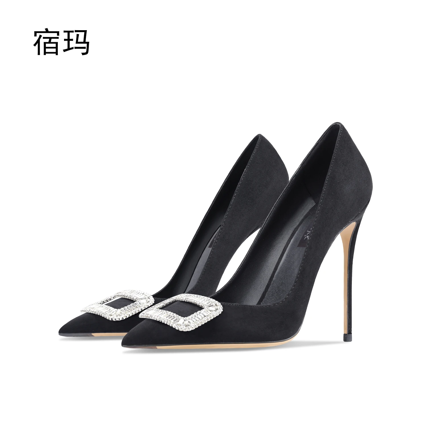 Luksusowe buty damskie 2024 New Women Square Buckle Rhinestone Flock Pointy Toe High Heel Shoes Elegant Black Suede Stiletto Pumps