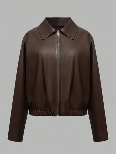 Imagen 2 del producto Chaqueta con cremallera de piel sintética marrón chocolate Abrigo bombardero corto suelto con solapa para mujer