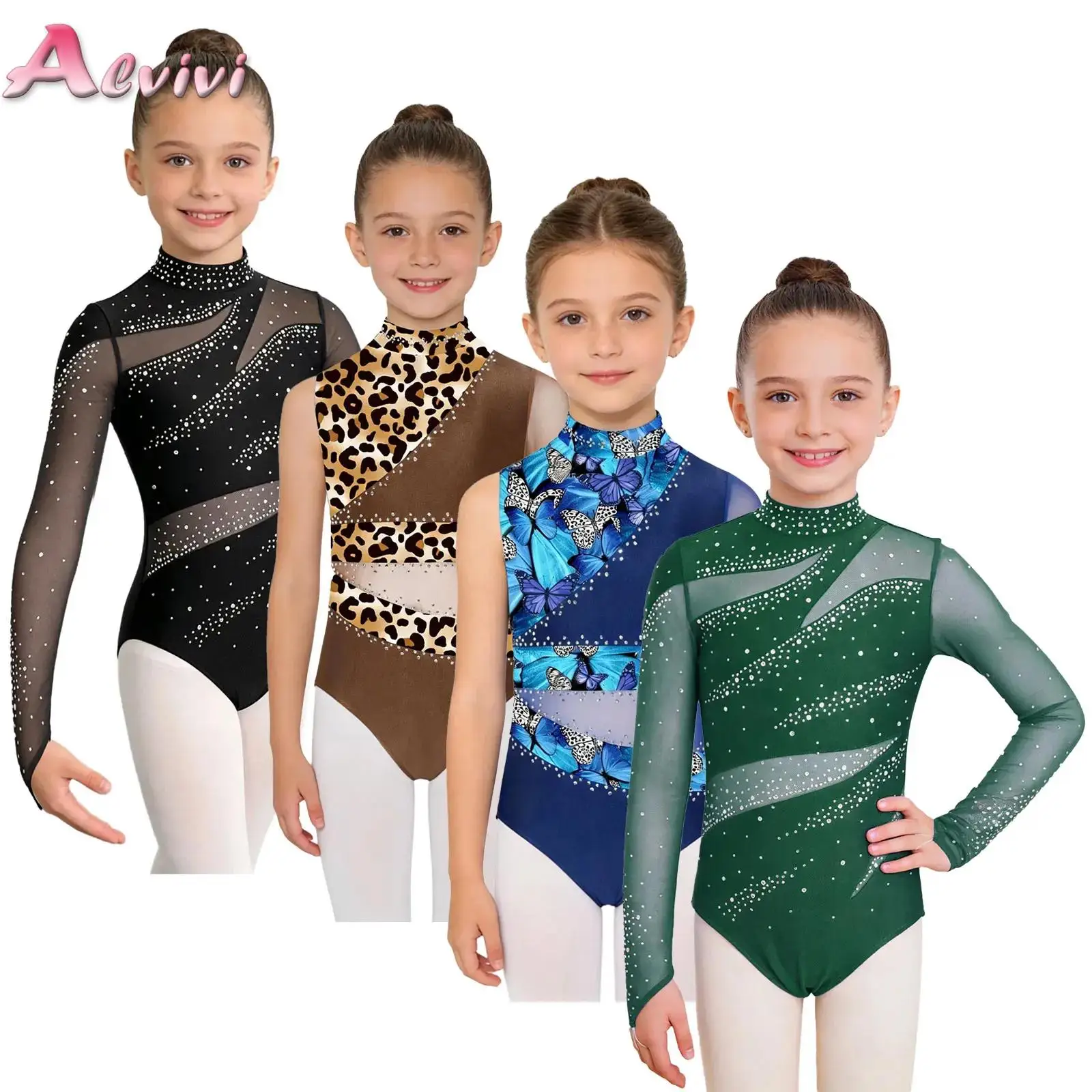 Kids Girls Figure Skating Dance Leotard Ballet Jersey Long Sleeve Cutout Back Mesh Glittery Rhinestones Gymnastics Bodysuit