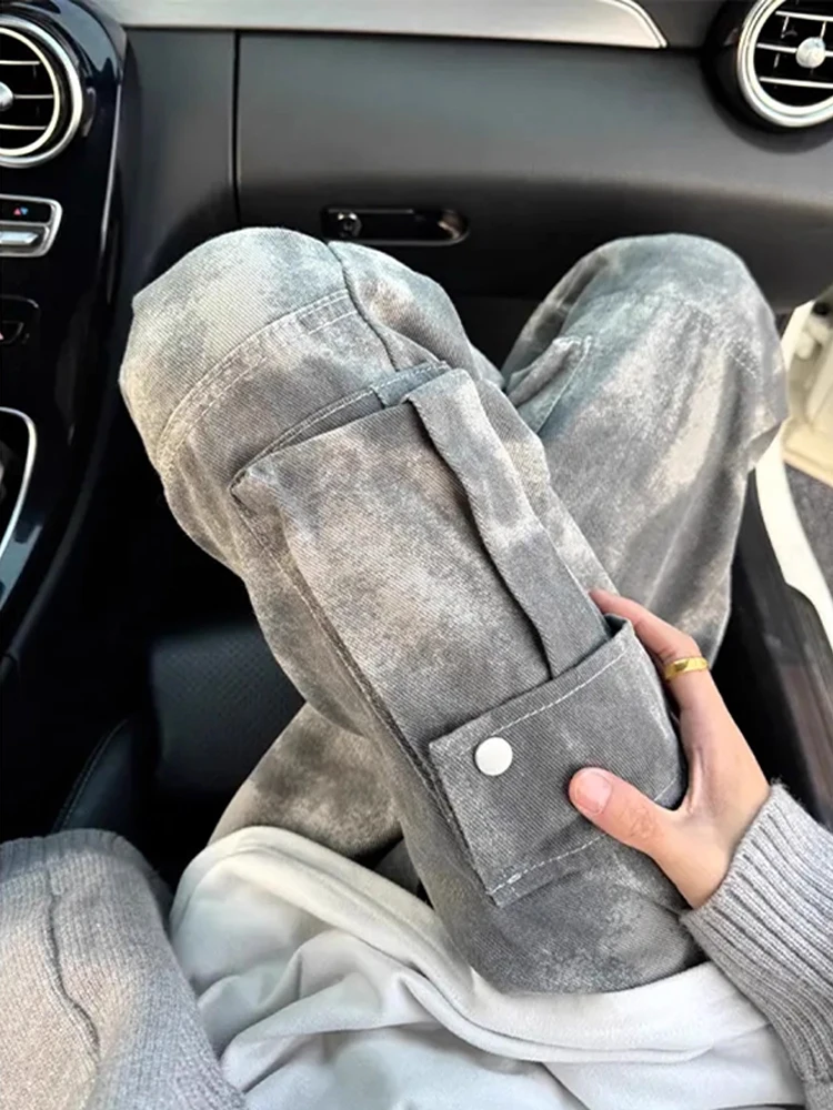 

Мужские джинсы с американским камуфляжем и изогнутым ножом, осенние окрашенные микрорасклешенные брюки в стиле ретро, универсальная рабочая одежда, облегающие джинсовые брюки