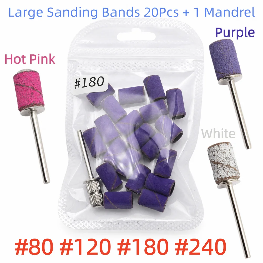 20Pcs Large Nail Sanding Bands 80/120/180/240 Grit with Mandrel 3/32 Inch Shank for Gel Polish Acrylic Removal Manicure Drill20P view 2