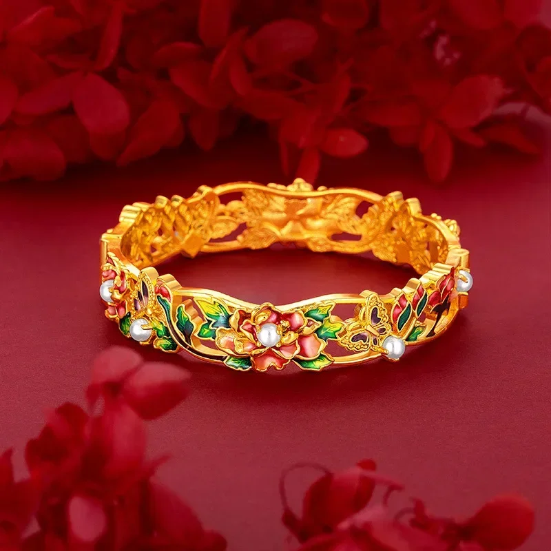 9999 real gold 24K yellow gold Vintage Enamel Peony Flower Bracelet for Women