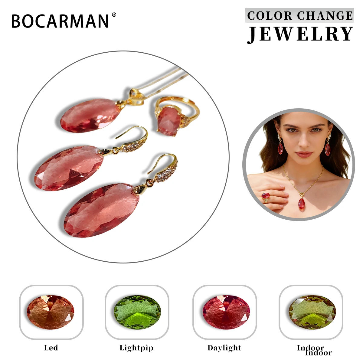 

BOCARMAN Color Changing Gemstone Sultanite Zultanite Jewelry Set Lengthened Oval Shape Pendant Earrings Simple Elegant Women
