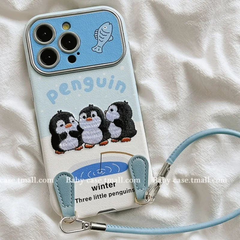 Penguin Cute Embroidered with Hanging Rope Suitable for Apple 16promax Phone Case IPhone 15 New 14pm Large Window 13 Leather