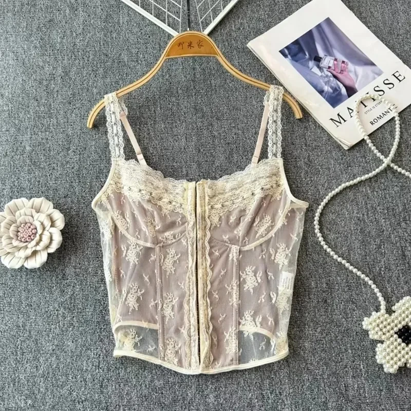 

Chic Retro lace PATCHWORK Camis French Fashion Tank Top Slim Crop Top Sexy Women Summer Tops Ins