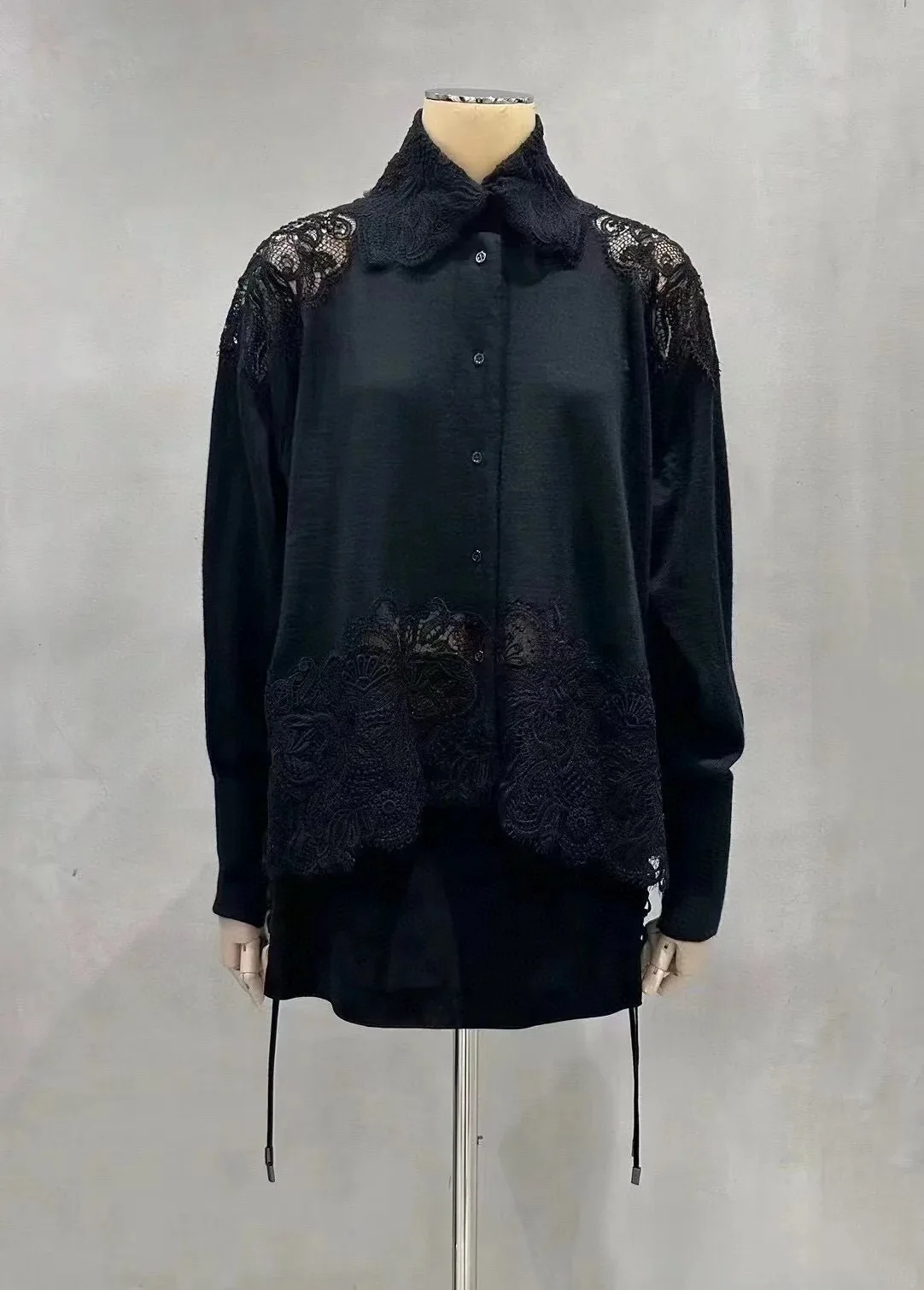 Luxury Lace Trim Cashmere Cardigan Women Pink Black Button Up Knit Shirt Collar Sweater