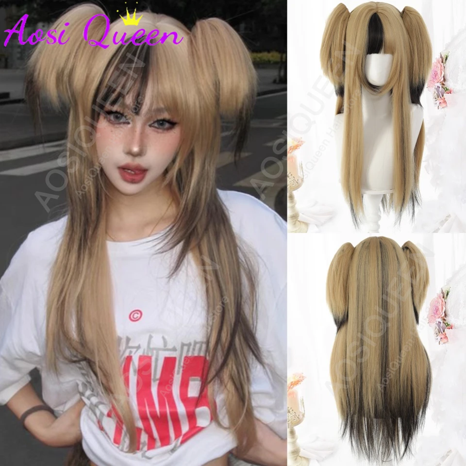 

28-дюймовые черные кофейно-русые смешанные синтетические парики с челкой и двойными хвостиками, длинные прямые волосы, парик для женщин, термостойкий