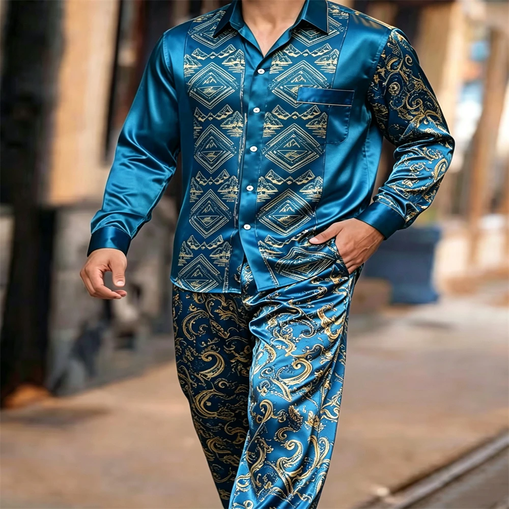 Men Satin Silk 2 Piece Set Luxury  Jacquard Long Sleeve Shirt Pants Suit Men Turn‑down Collar Button‑Up Shirt   Party Casual