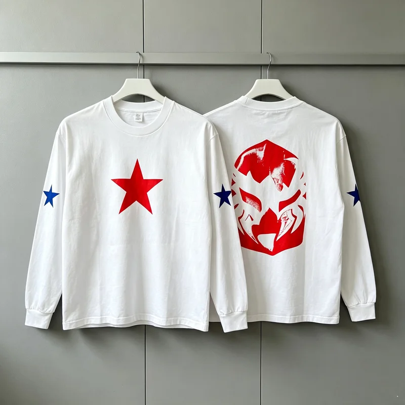 Kanye LS-03 07.04 Long Sleeve T Shirt Blue Red Five-pointed Star Mask Print Men Women High Quality Loose Cotton T-shirt Tops Tee