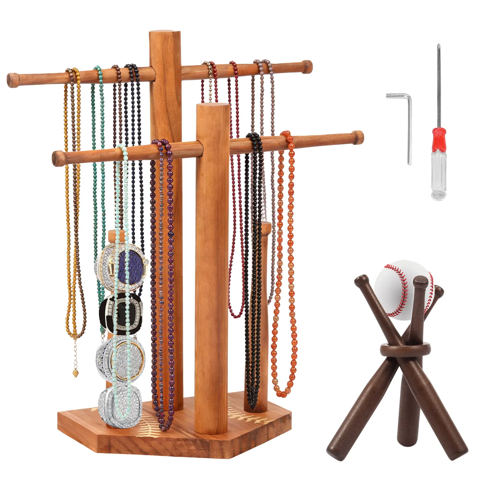 Wood Baseball Softball Drip Necklace Holder Championship Ring Display Stand with Baseball Stand for Player Fan Present for Boy