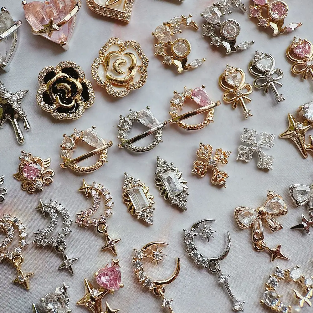 

10 шт. розовых украшений для ногтей: звезды, цветы, луны, сердца, циркониевые кристаллы, аксессуары для маникюра, декор, подвески