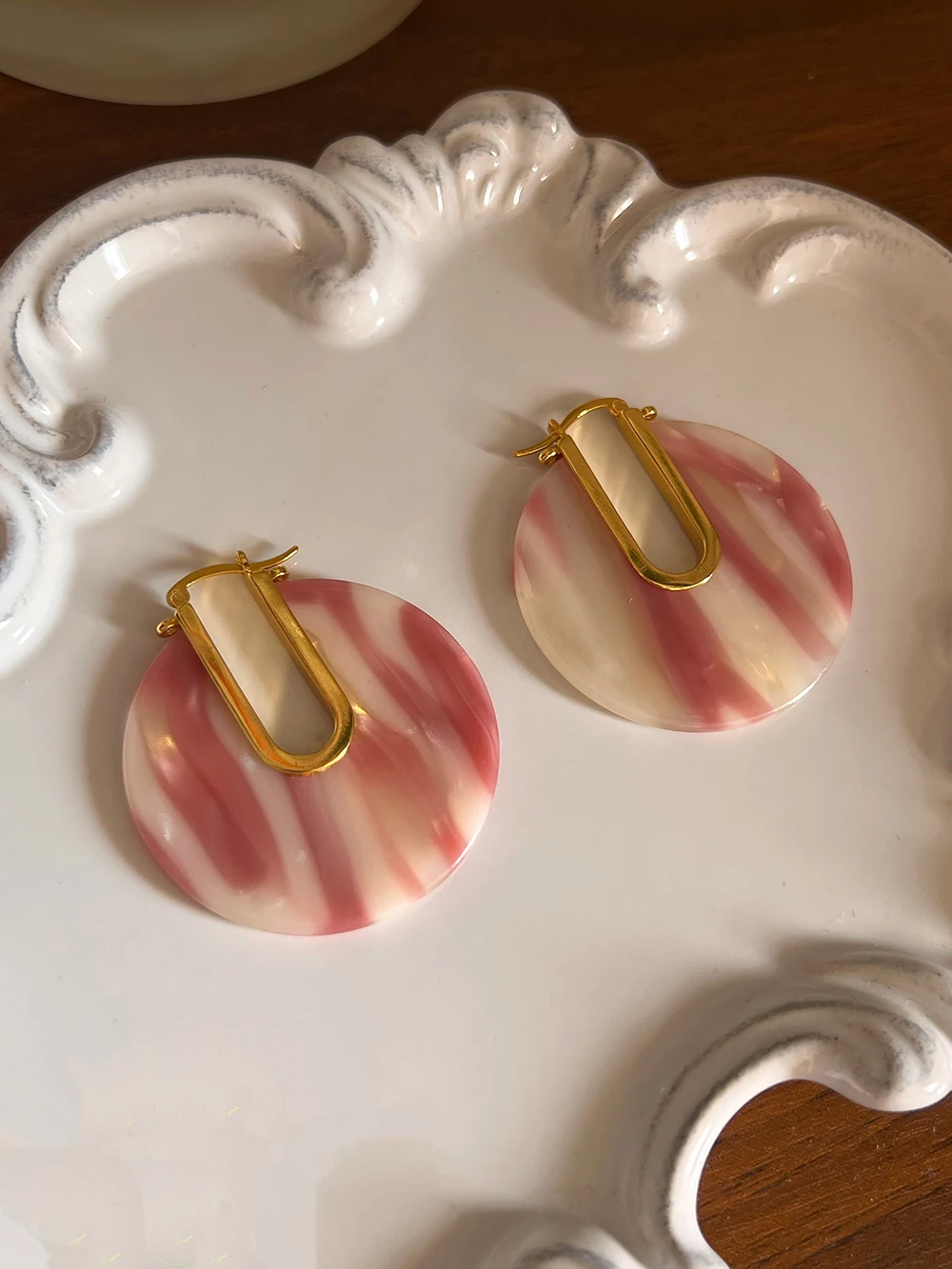 Vintage pink resin marble round earrings women summer sweet stud earrings