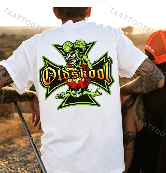 2026 new Retro hot style cartoon pattern, green outline cross emblem, gradient gothic font graphic, neutral casual T-shirt