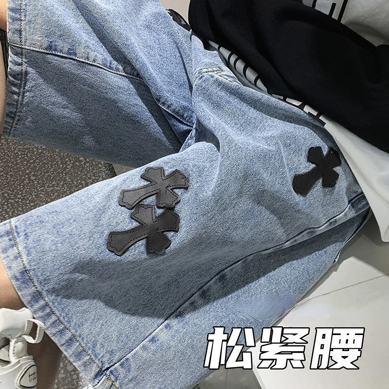 American style cross denim shorts men summer thin section Hong Kong style loose five-point pants trendy brand retro casual pants