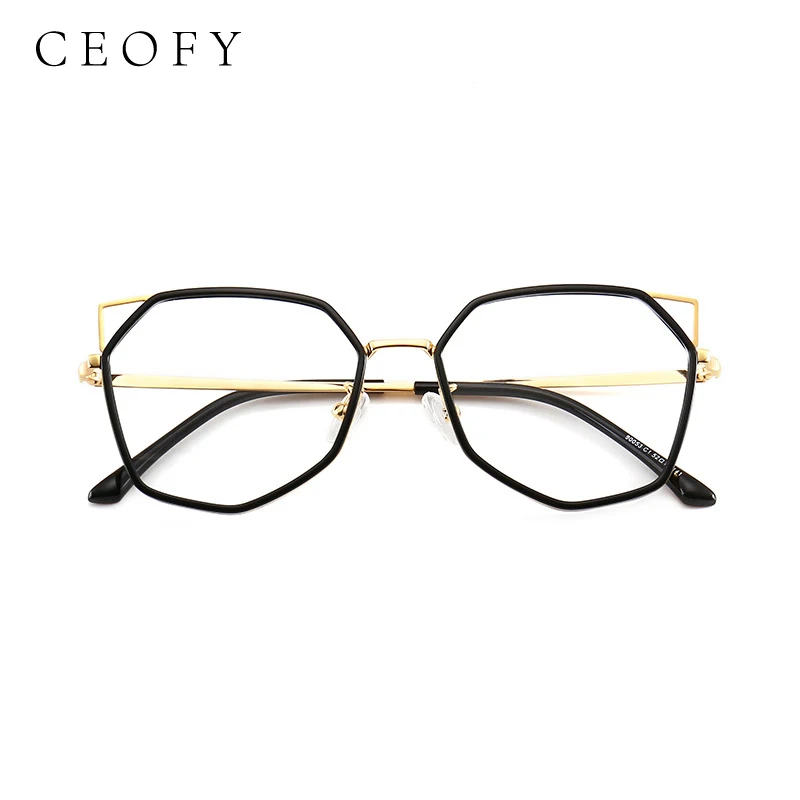 Ceofy Women Cat Ear Glasses Frame Optical Retro Spectacles Polygonal Personalized Eyeglasses Frame High Quality Women Eyewear