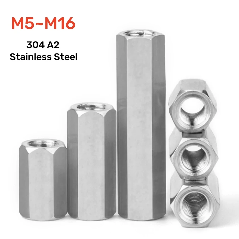 M5 M6 M8 M10 M12 M14M16 304 A2 Stainless Steel Lengthen Hex Column Joint Coupling Nut Connect Standoff Long Rod Coupling Hex Nut