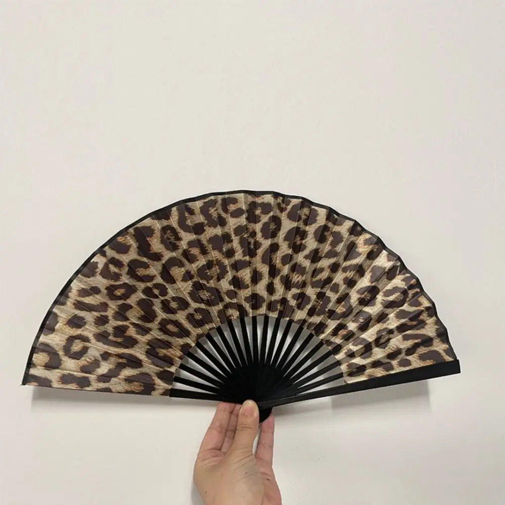 Durable Leopard Print Folding Fan Large Elegant Hand Fold Fan with Black Frame Lightweight Classical Dance Fan Women Party Gifts