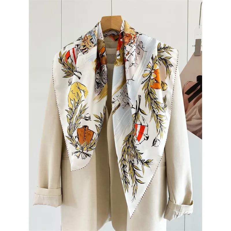 88x88cm 100% MULBERRY SILK Twill Square Scarf Vintage Horse Race Print Art Bandana Neck Wrap Shawl For Women Luxury Gift Shawl